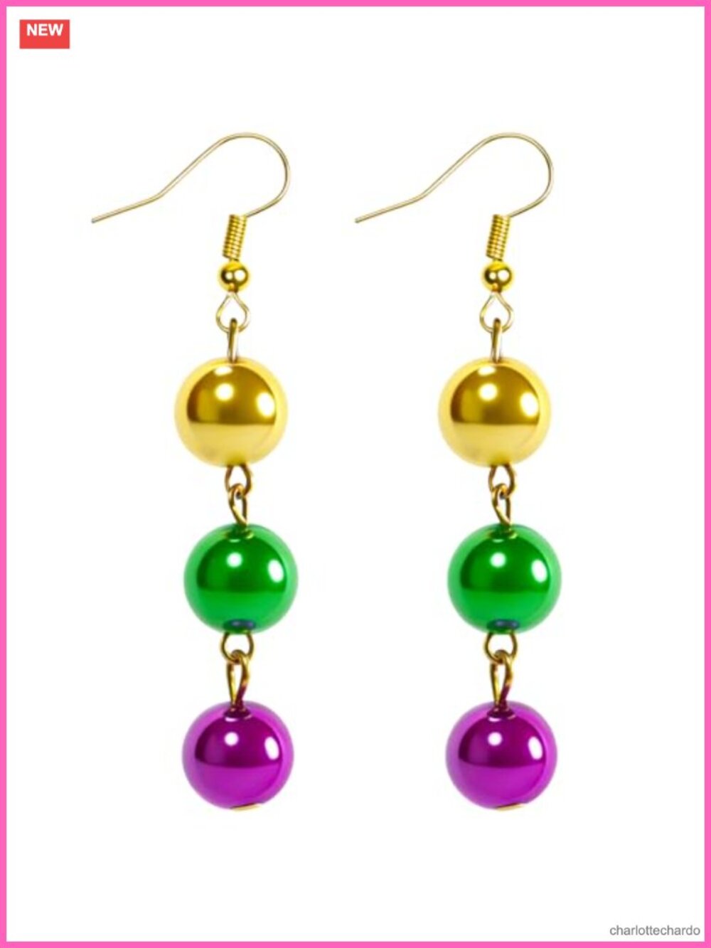 Mardi Gras Beaded Dangle Earrings Gold Plated Stainless Steel French Hook